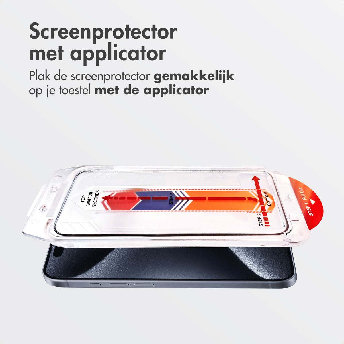 A phone and a screen protector applicator are in the image. The applicator is clear and has instructions for applying the screen.