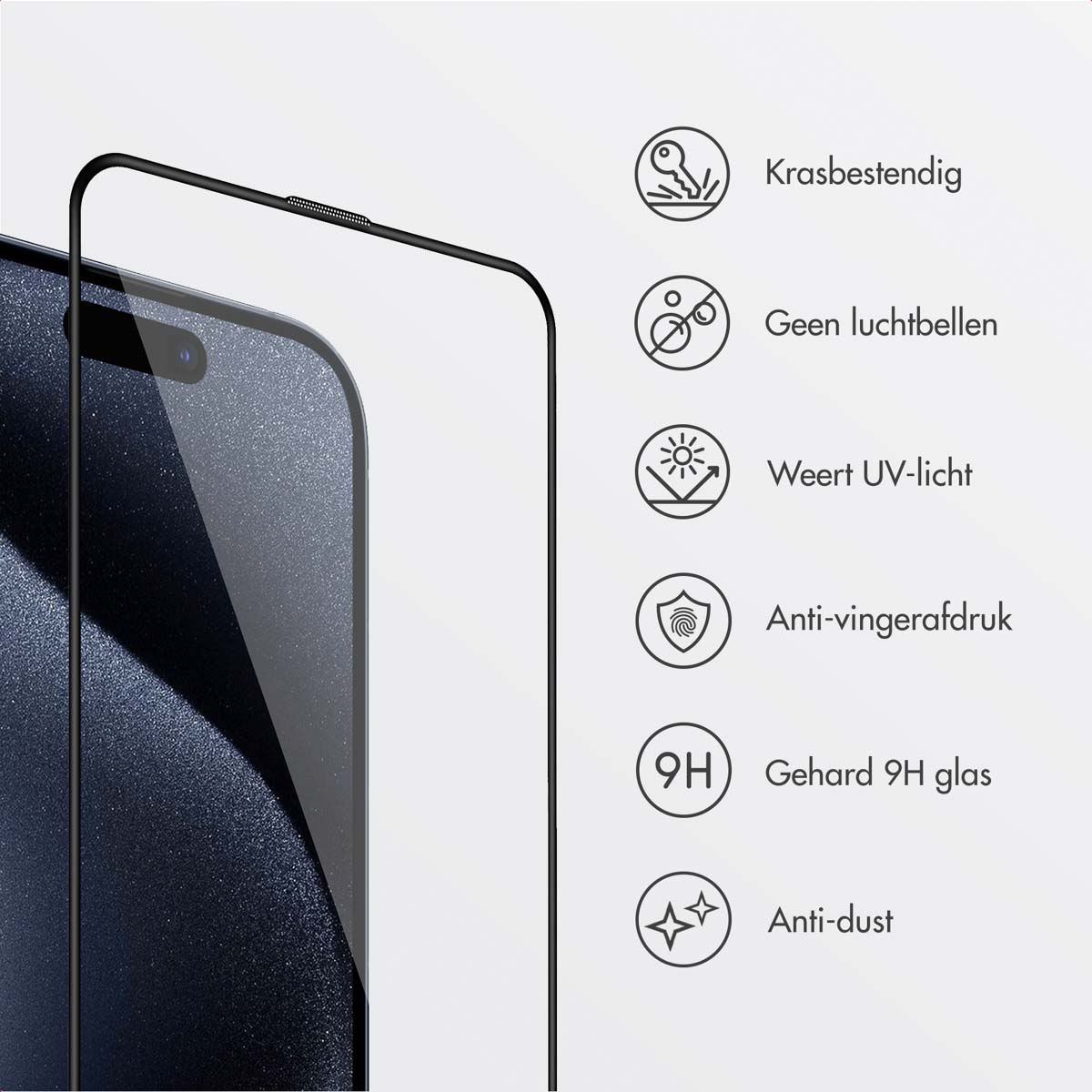 A phone with a screen protector applied, with icons indicating features.