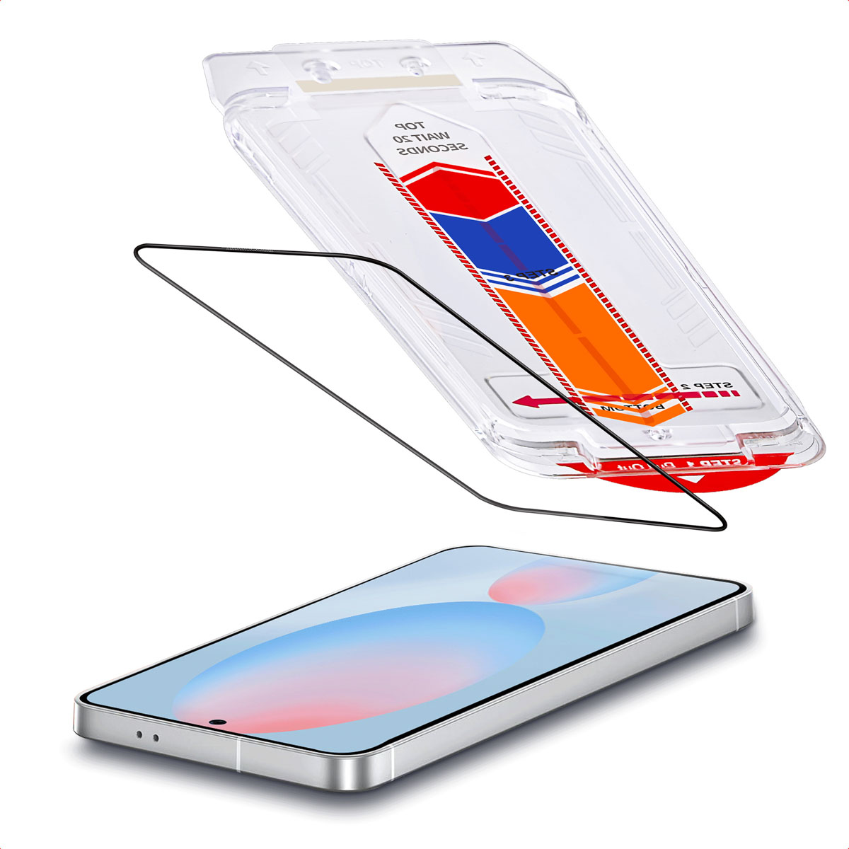 Telefoon en screenprotector, met installatietools zichtbaar.