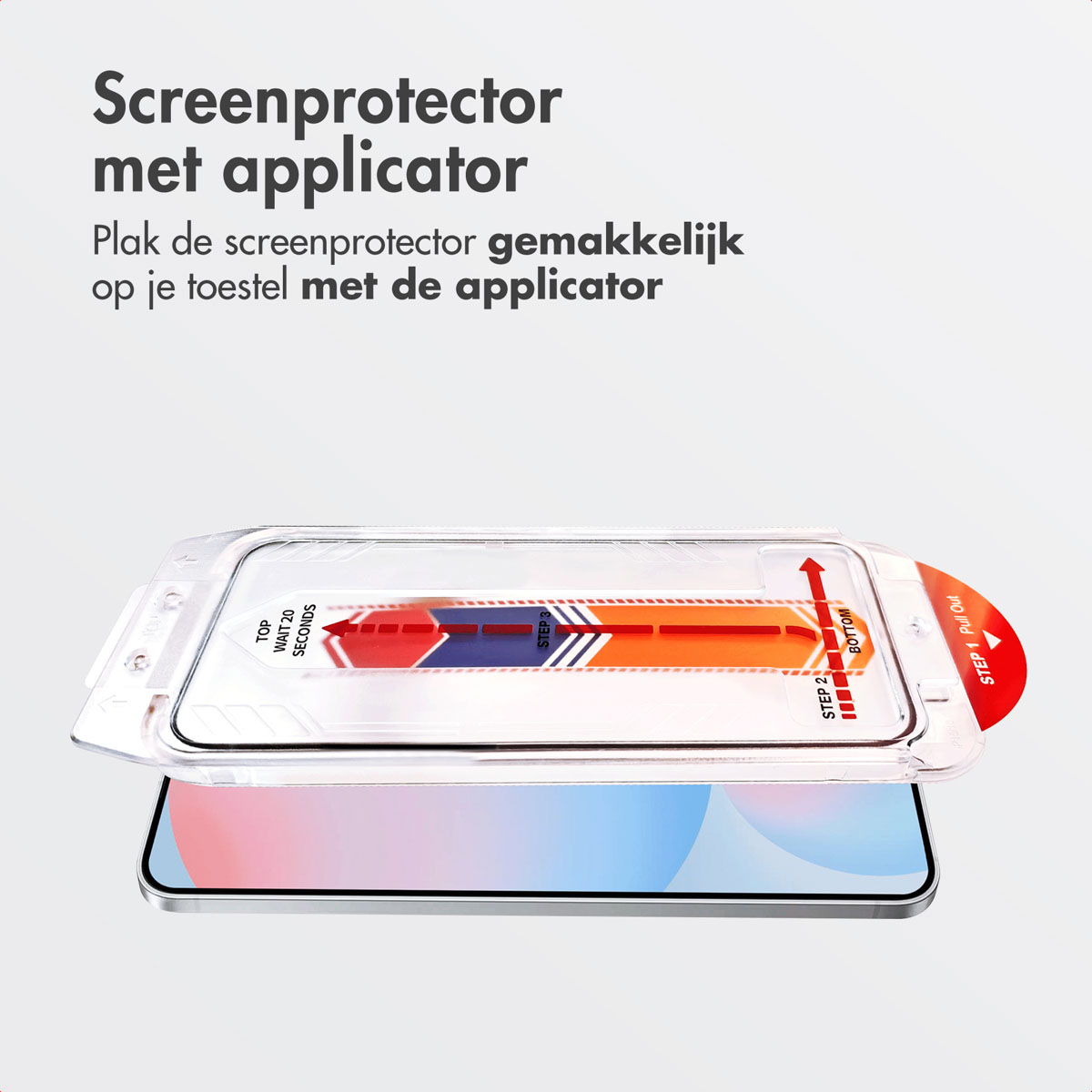 Screenprotector applicatie met applicator en een telefoon.