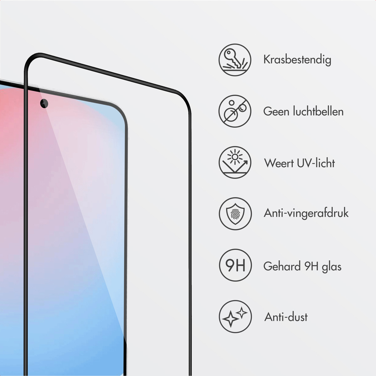 Telefoonscherm met beschermer en pictogrammen: krasbestendig, geen bellen, UV-bescherming, anti-vingerafdruk, 9H glas.