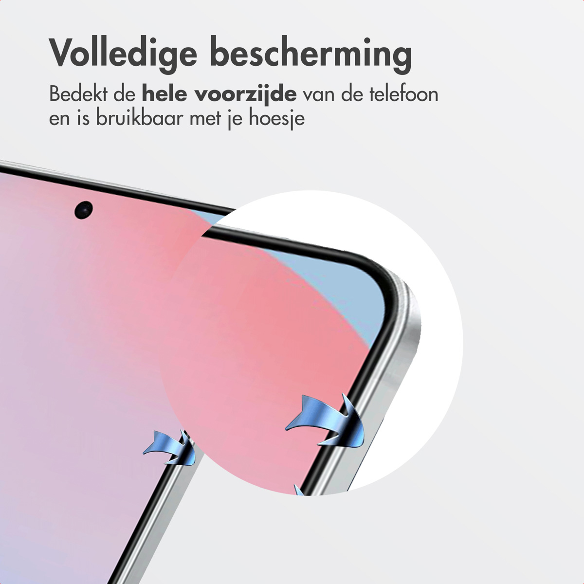 Close-up van een telefoonscherm met een schermbeschermer. Pijlen geven de randen van de beschermer aan.