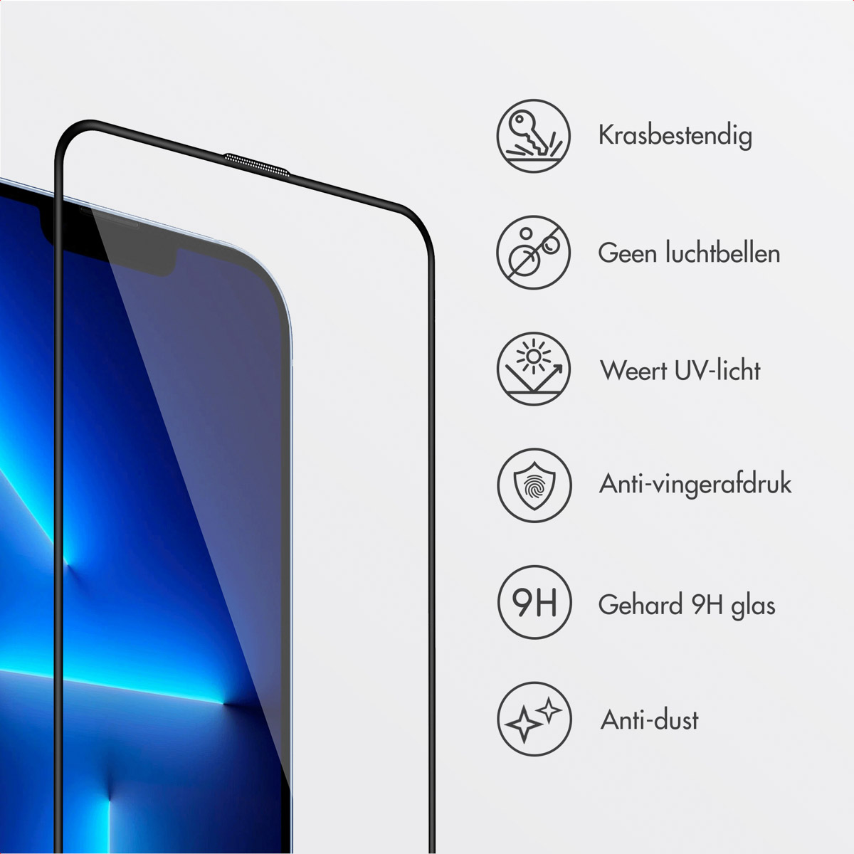 Phone screen with blue light and a protector on top. Icons indicate protection features.