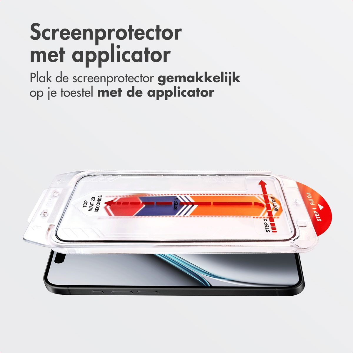 Phone with screen protector applicator. Instructions show step-by-step application process.