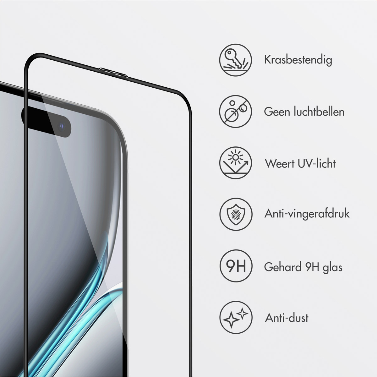 A phone with a screen protector applied, with icons indicating features.