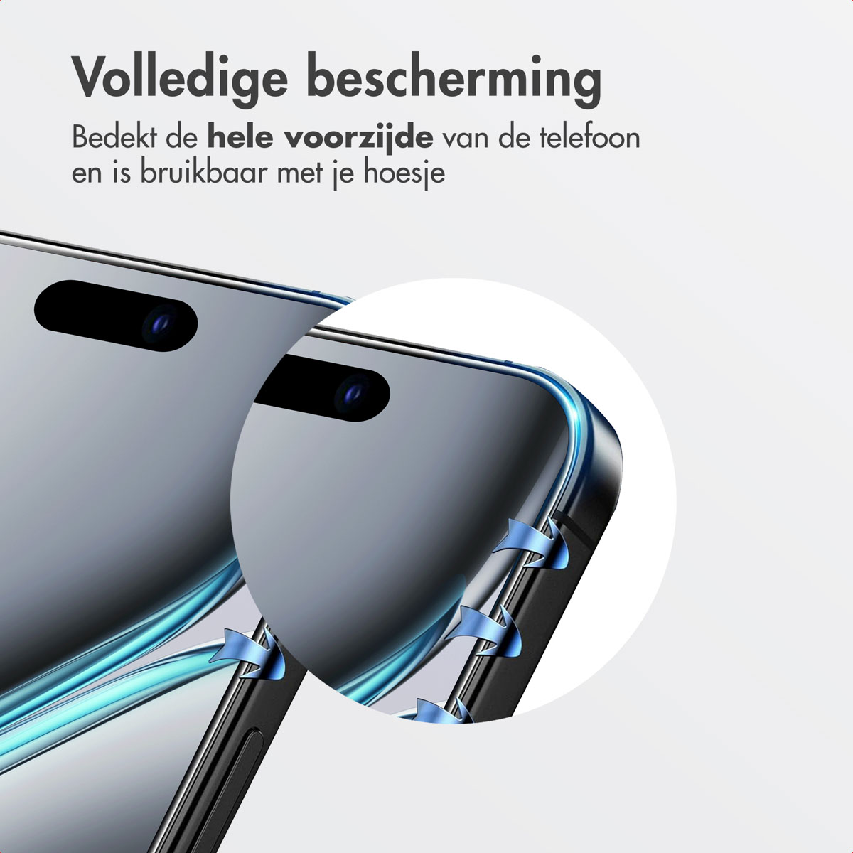 Close-up of a phone with a screen protector, arrows indicate the edges. The phone is in the background.
