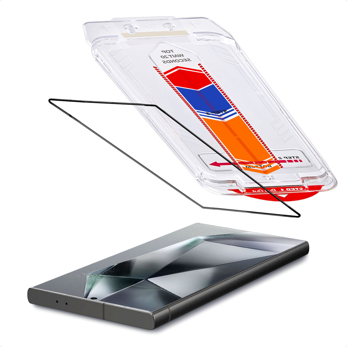 Telefoon en screenprotector, met installatietools zichtbaar.