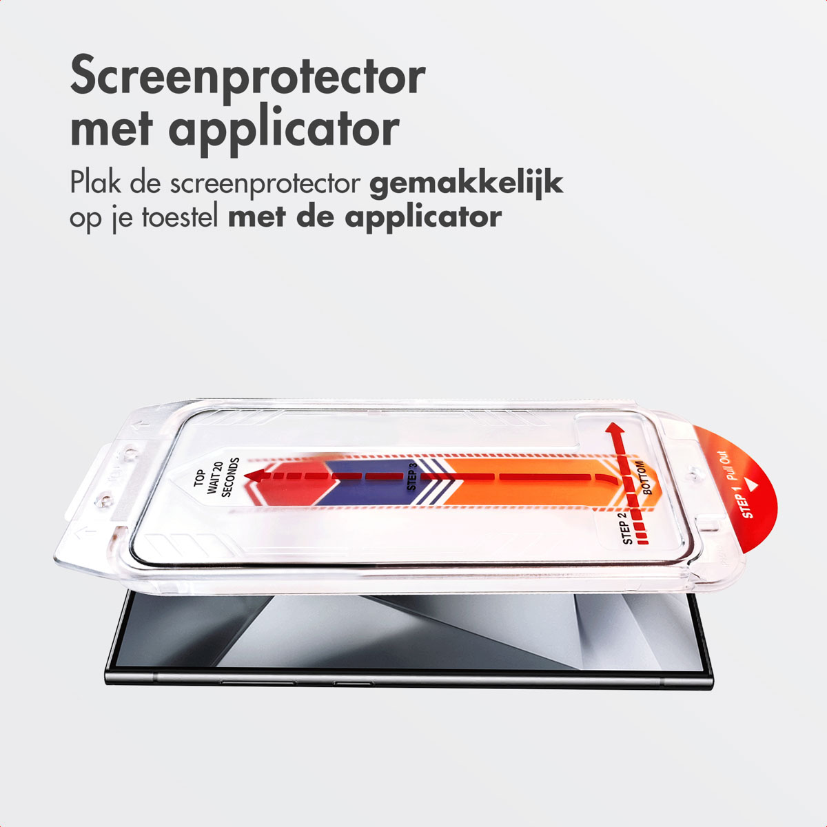 Telefoon met schermbeschermer-applicator. Instructies tonen het stapsgewijze aanbrengproces.