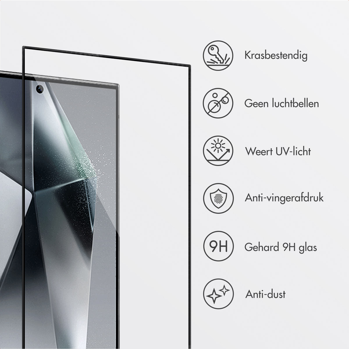 Een telefoon met een screenprotector erop, met pictogrammen die functies aangeven.