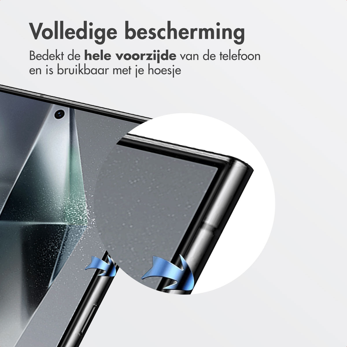 Close-up van een telefoon met een schermbeschermer, pijlen geven de randen aan. De telefoon staat op de achtergrond.