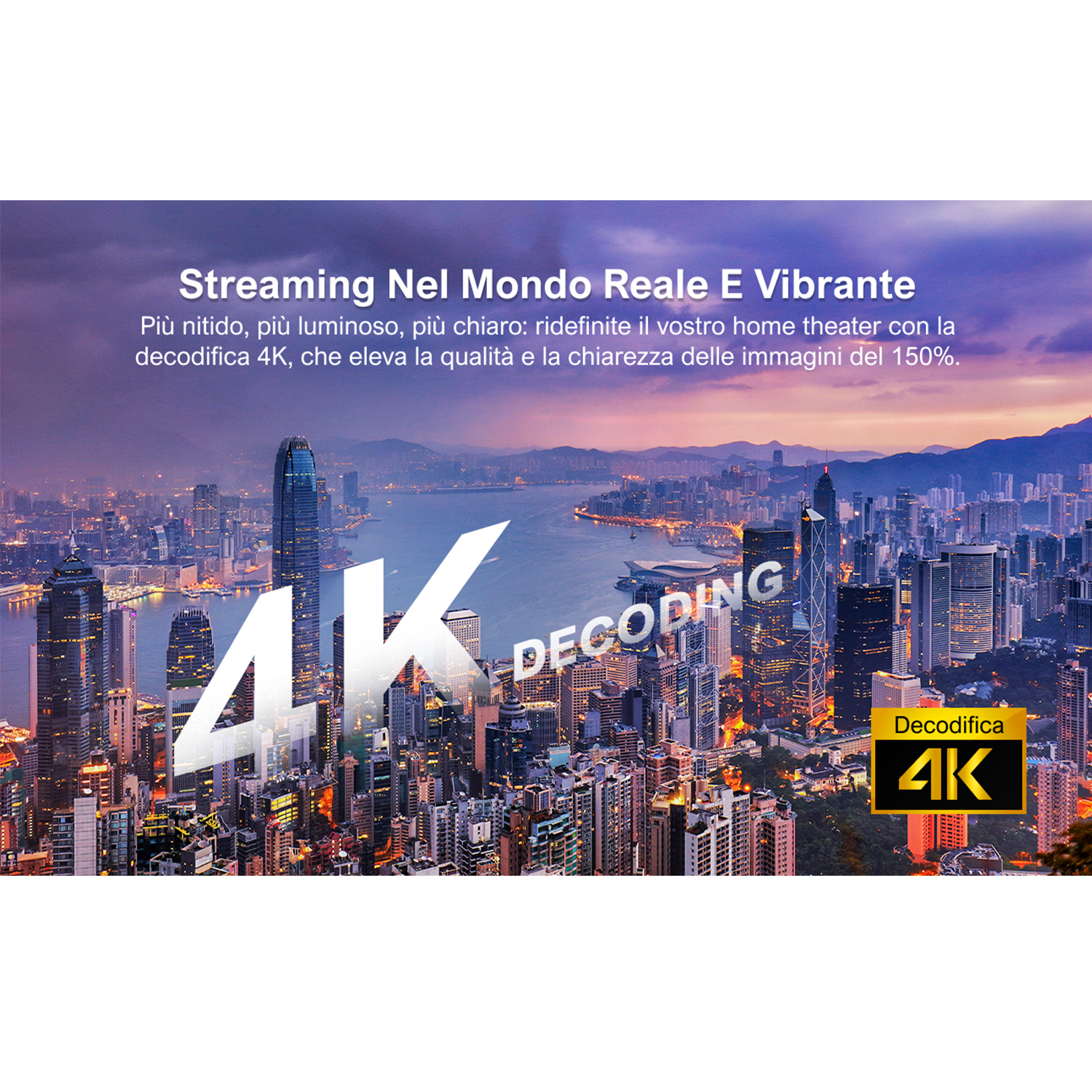 Paesaggio urbano con testo sulla decodifica 4K. Sono visibili edifici e un fiume.