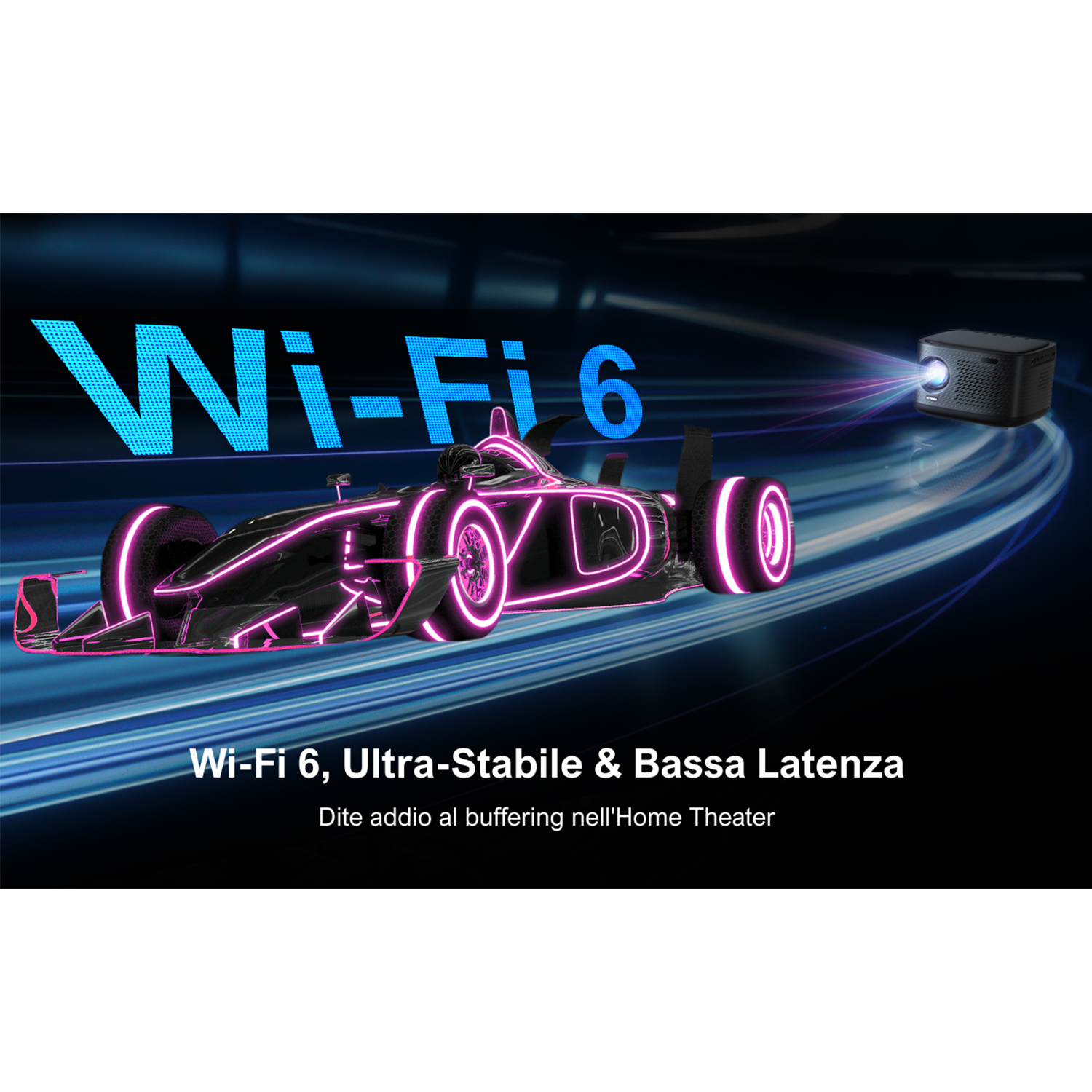 Un'auto da corsa nera con luci rosa neon. Testo Wi-Fi 6 e Wi-Fi 6, Ultra-Stable & Low Latency.