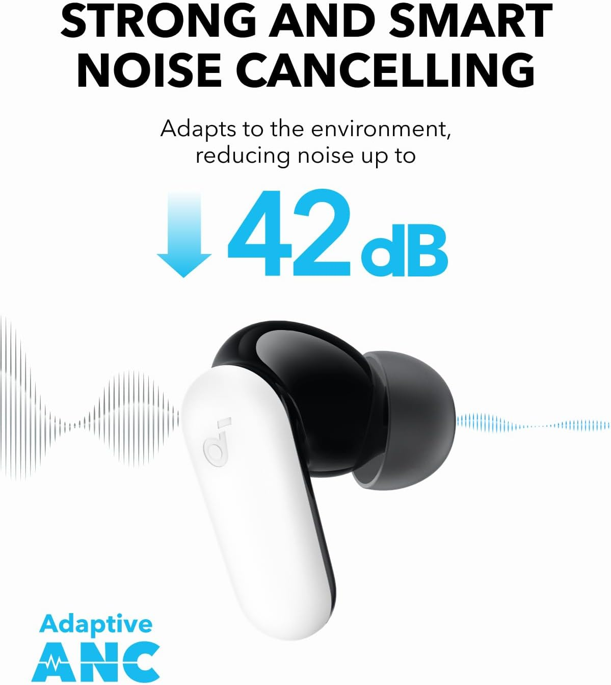 Auricular con función de cancelación de ruido. Muestra una reducción de ruido de 42 dB.