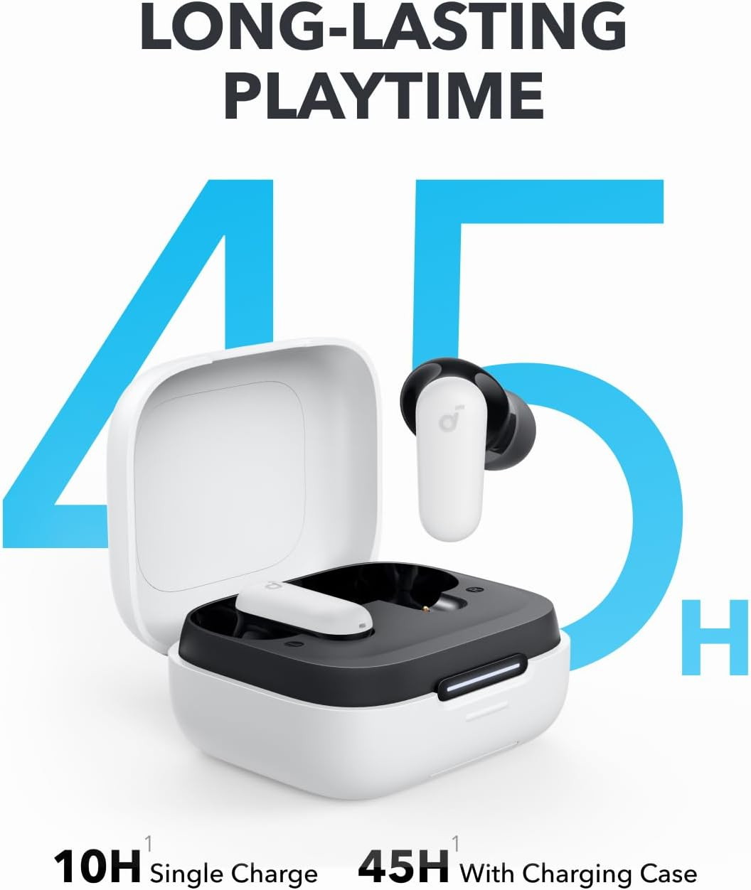 Estuche de carga blanco con auriculares. El texto dice 45H de reproducción, 10H de carga única.