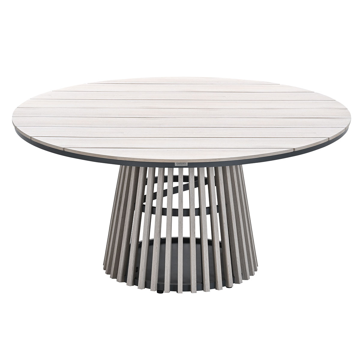 A round outdoor table with a slatted top and base is isolated on a white background.