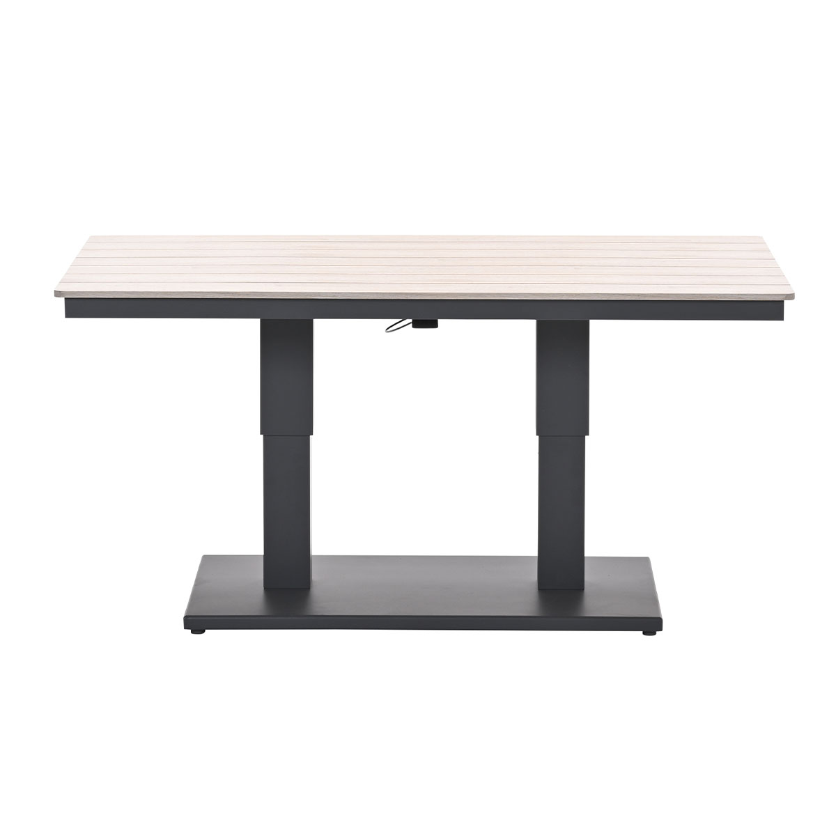 A rectangular outdoor table with a slatted top and metal base is on a white background.