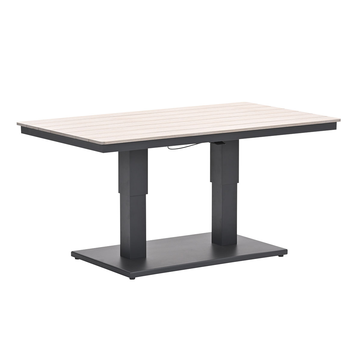A rectangular outdoor table with a slatted top and metal base is on a white background.