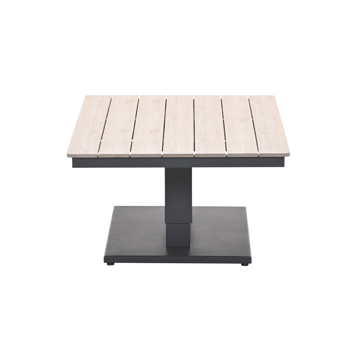 A square outdoor table with a slatted top and metal base is on a white background.
