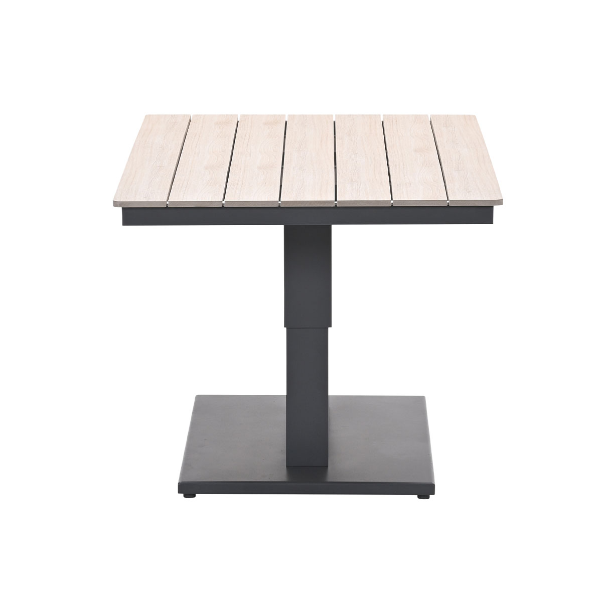 A square outdoor table with a slatted top and metal base is on a white background.