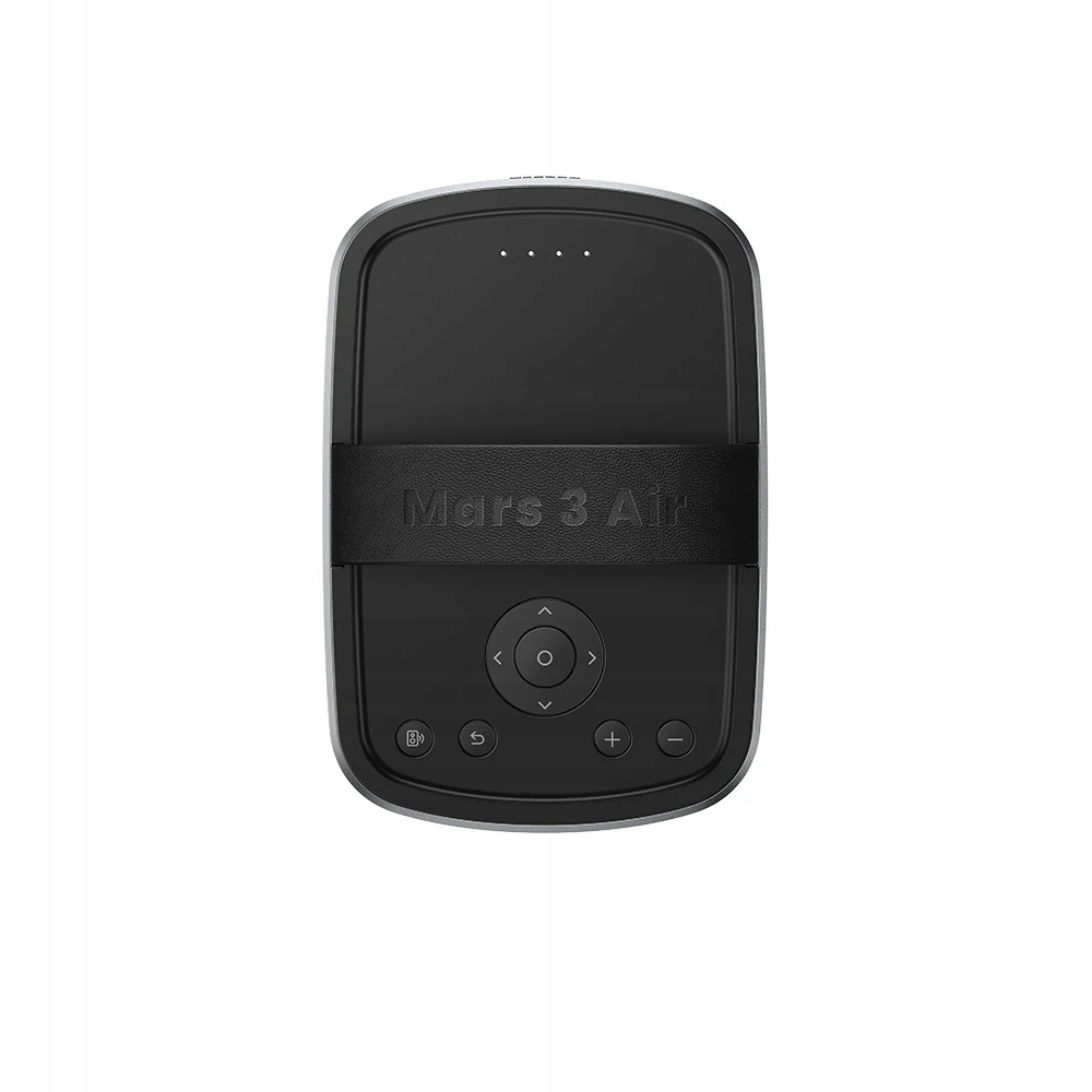 Widok z góry na projektor z paskiem. Ma przyciski i nazwę marki. Powierzchnia jest czarna.