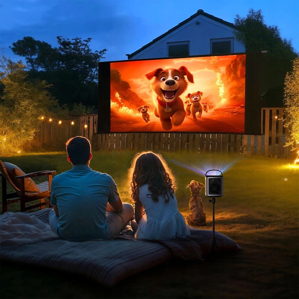 Para ogląda film wyświetlany na ekranie w ogrodzie w nocy. Pies siedzi na kocu. Widoczne światła i projektor.