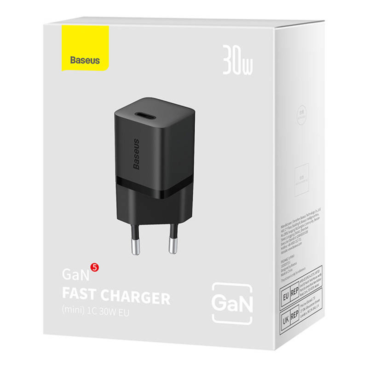 Caricabatterie rapido Baseus 30W GaN in scatola bianca con dettagli. Il caricabatterie è nero.