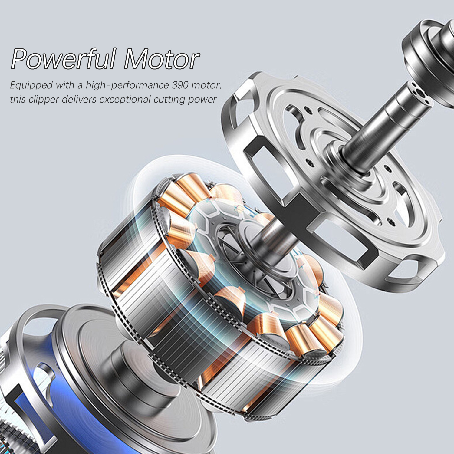 Nahaufnahme des Innenmechanismus eines Haarschneiders mit starkem Motor.