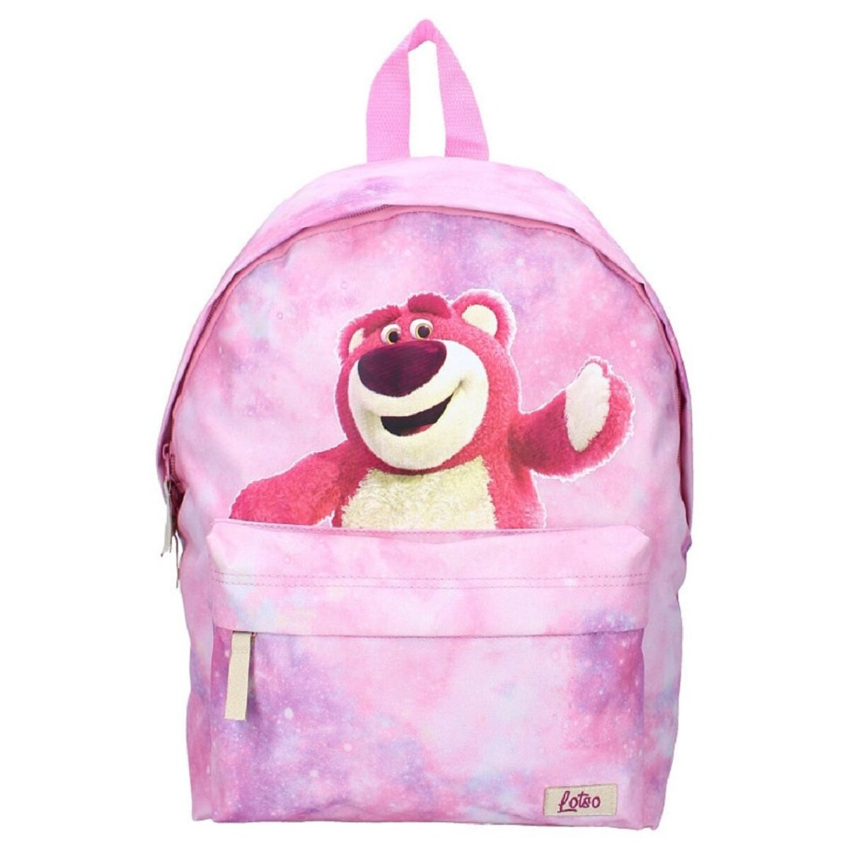 Roze rugzak met Lotso uit Toy Story. Lotso lacht en zwaait. Roze achtergrond.