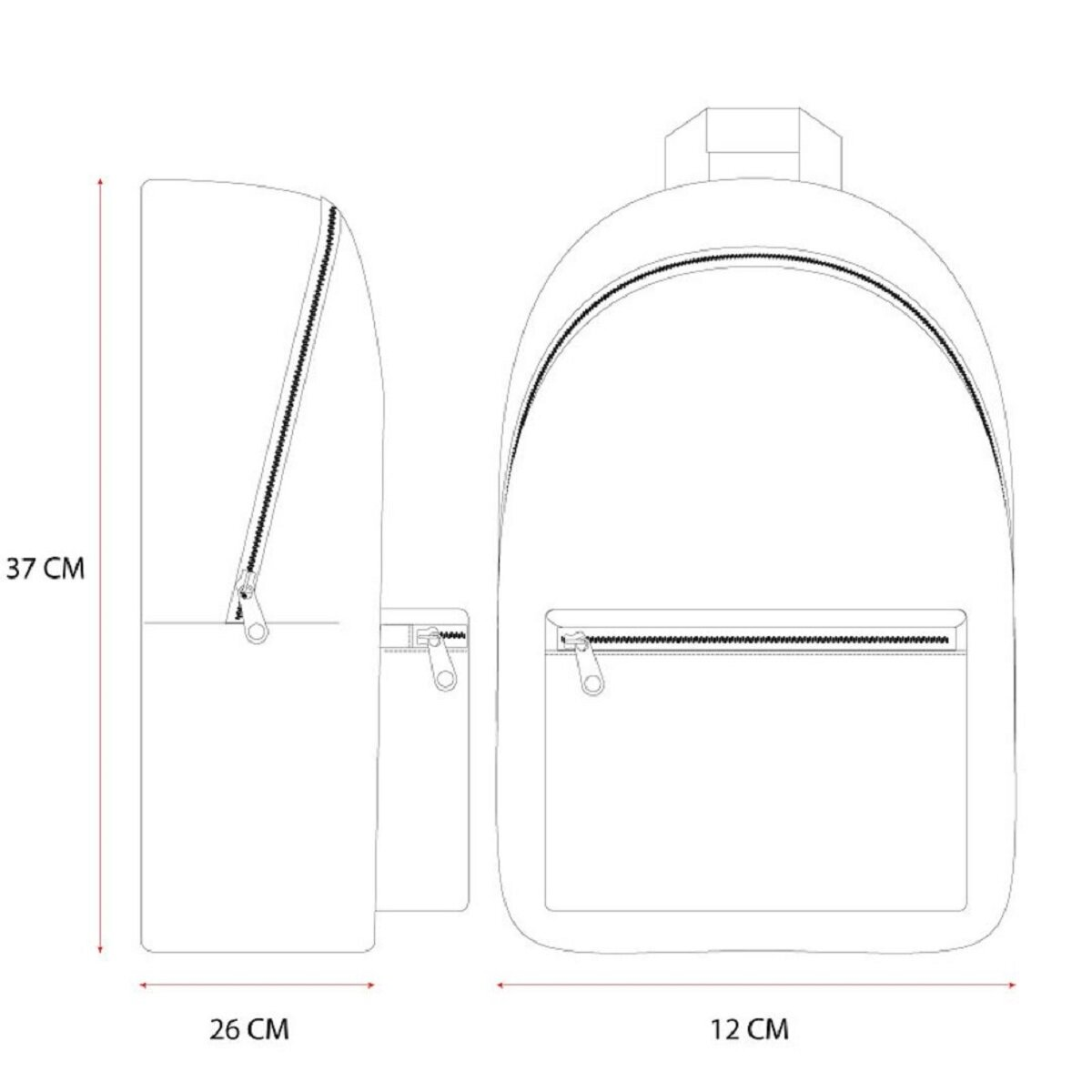 Lijntekening van een rugzak in drie aanzichten. Afmetingen zijn opgegeven. 37 cm hoog, 26 cm breed, 12 cm diep.