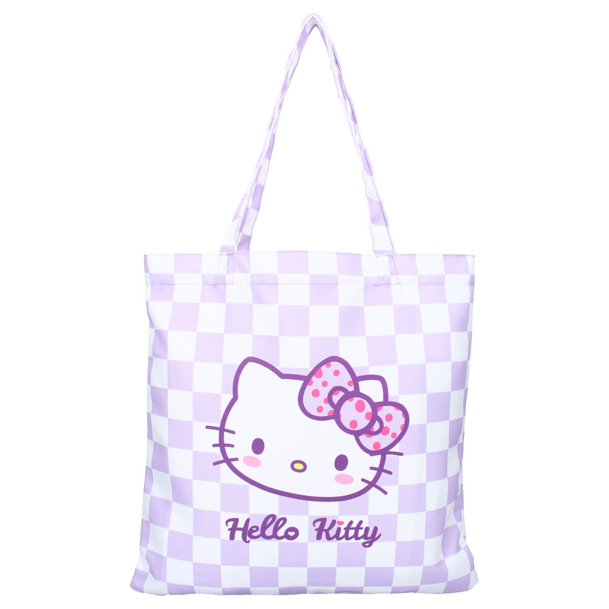Hello Kitty draagtas, wit met paars ruitpatroon. Hello Kitty gezicht met een roze strik.