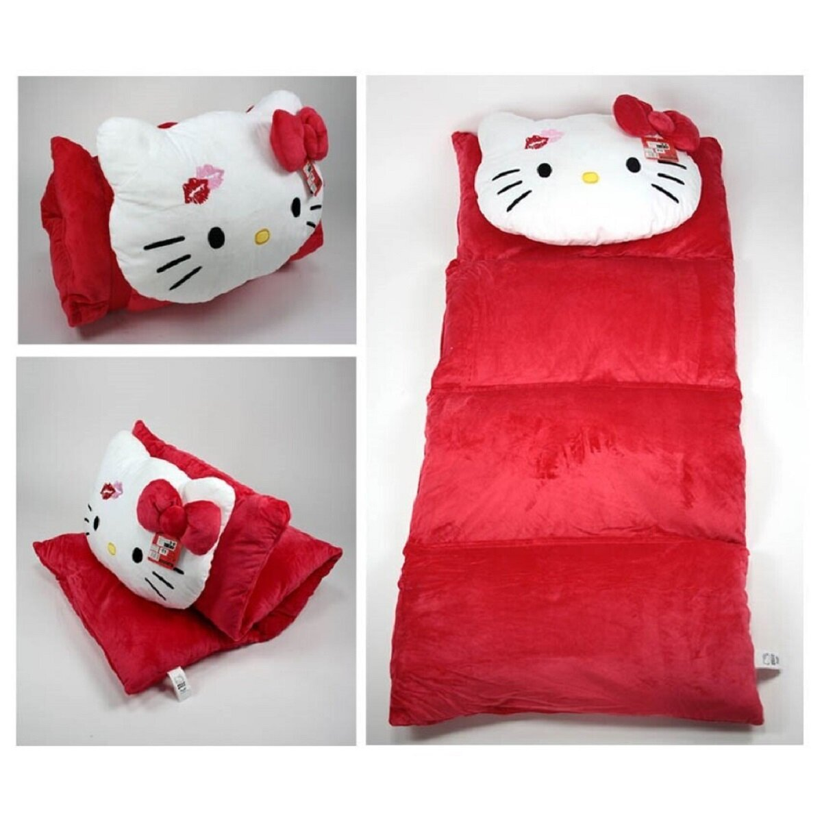 Hello Kitty Schlafsack und Kissen. Mit Hello Kittys Gesicht und roter Farbe.