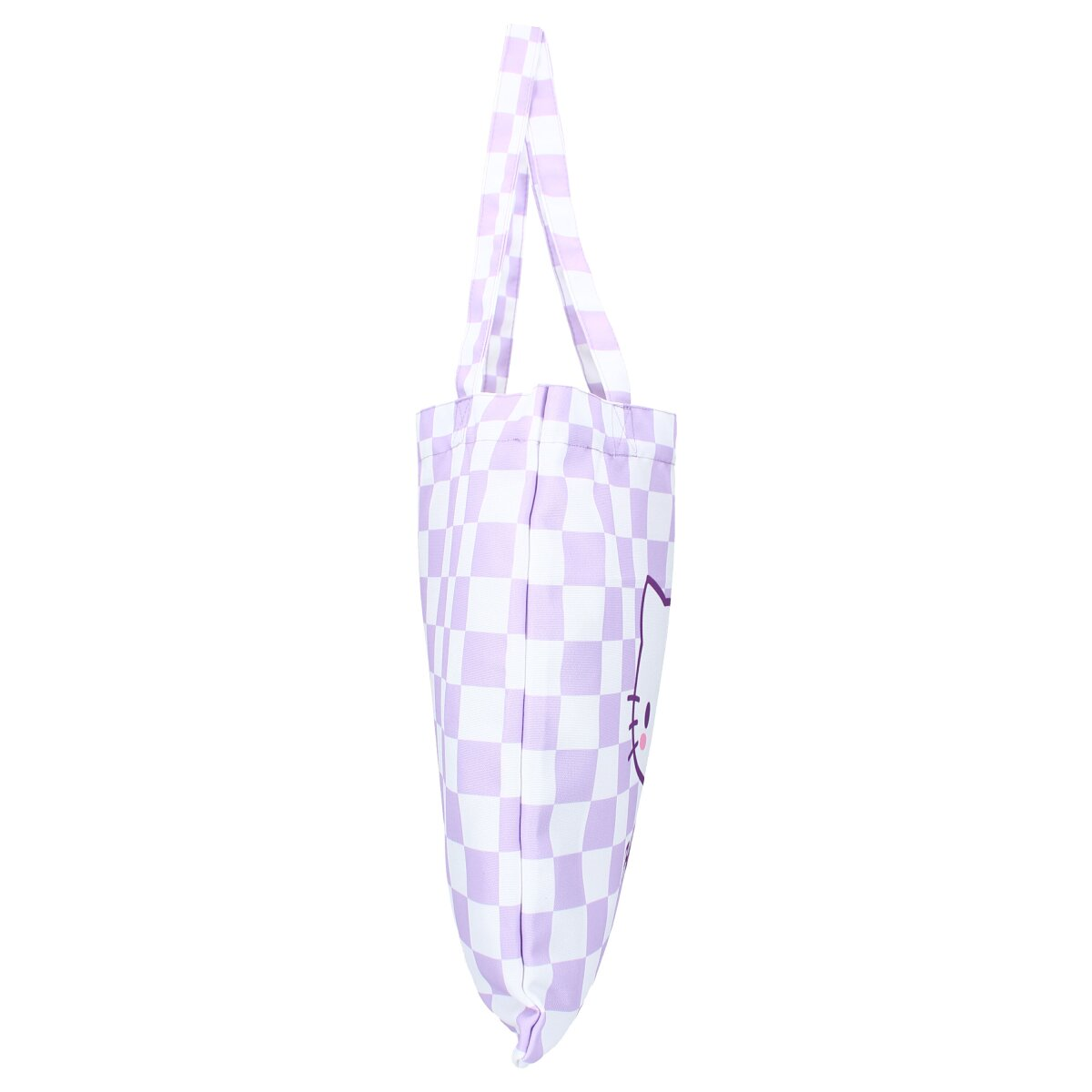 Zijaanzicht van een draagtas. Het heeft een dambordpatroon in paars en wit. Bovenkant heeft handvatten.