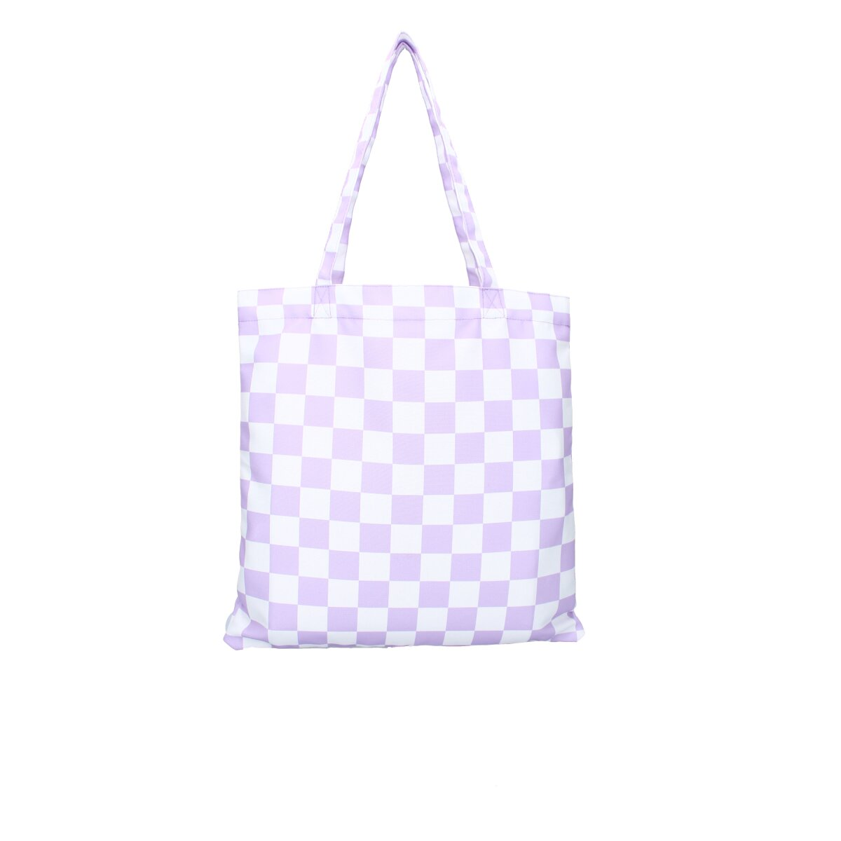 Een draagtas met een geruit patroon van witte en lavendelkleurige vierkanten.