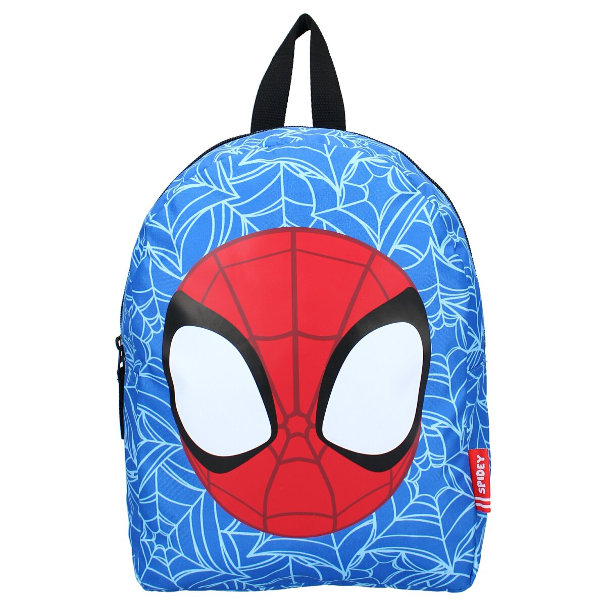 Blauwe rugzak met een Spiderman-afbeelding. De achtergrond heeft een spinnenwebpatroon. Spidermans gezicht staat in het midden.