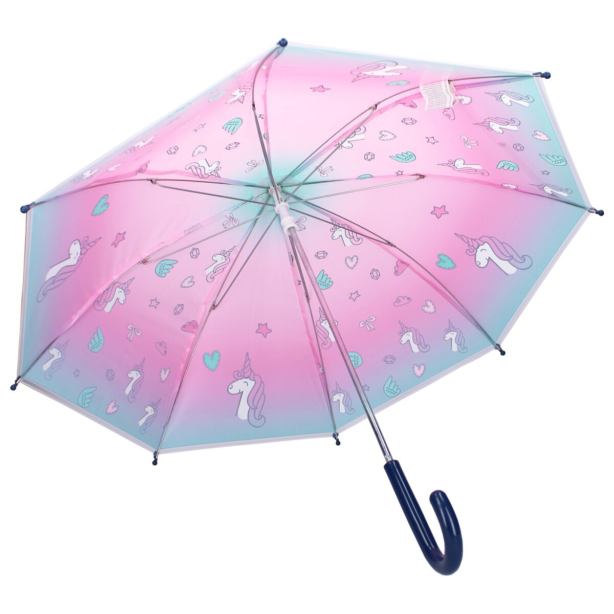 An open umbrella with a unicorn design in pastel colors.