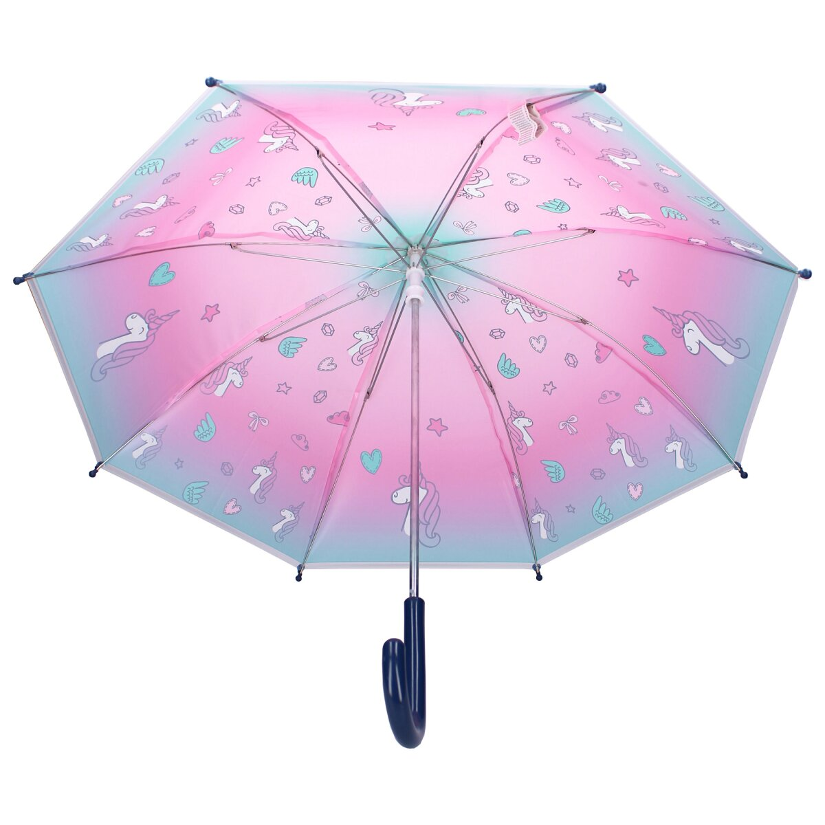 Open umbrella with pink and blue gradient, unicorn pattern, and a dark blue handle.