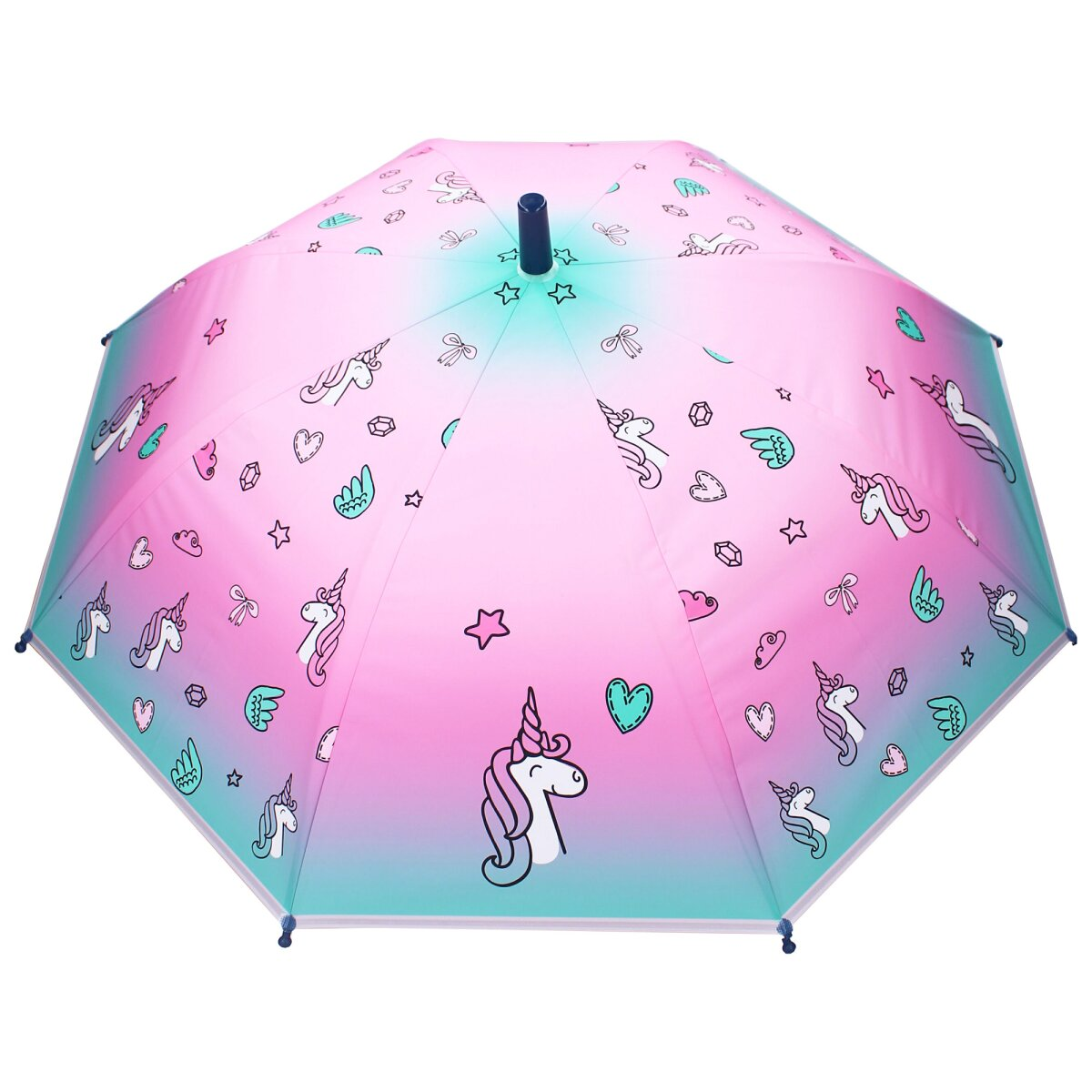Open umbrella with pink and blue gradient, unicorn pattern and a dark handle.