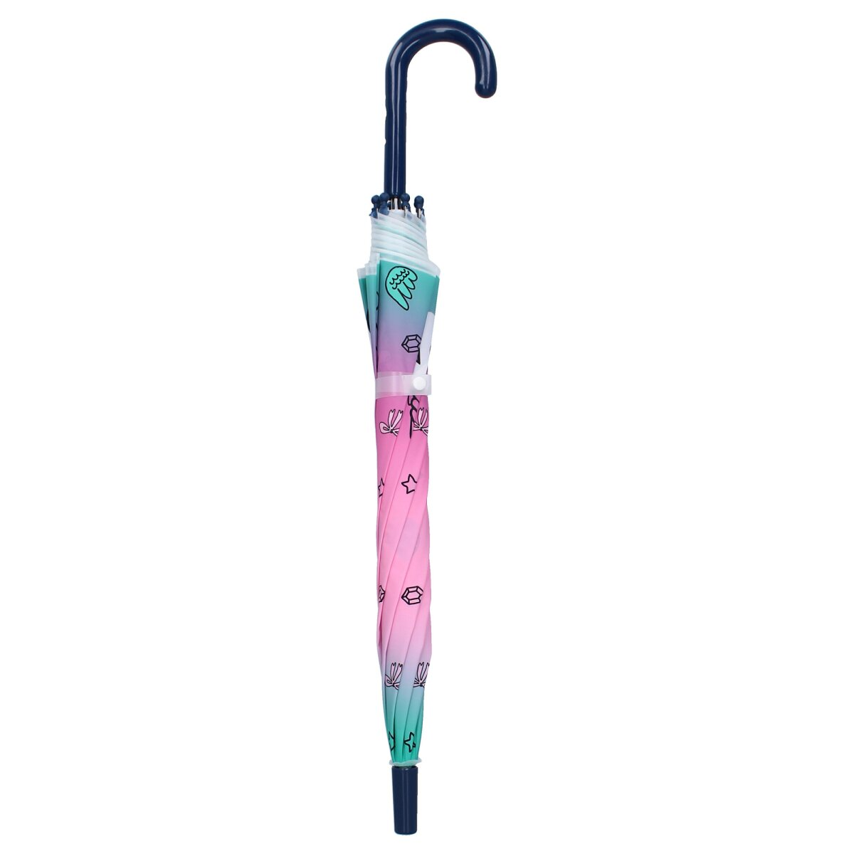 Closed umbrella with a colorful pattern. It has a dark blue handle and a curved top. The pattern is pink and teal.