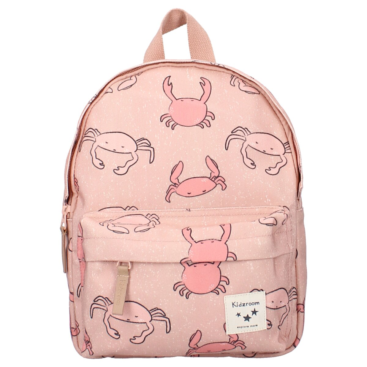 Roze rugzak met krabpatroon en beige rits. Kidzroom label.