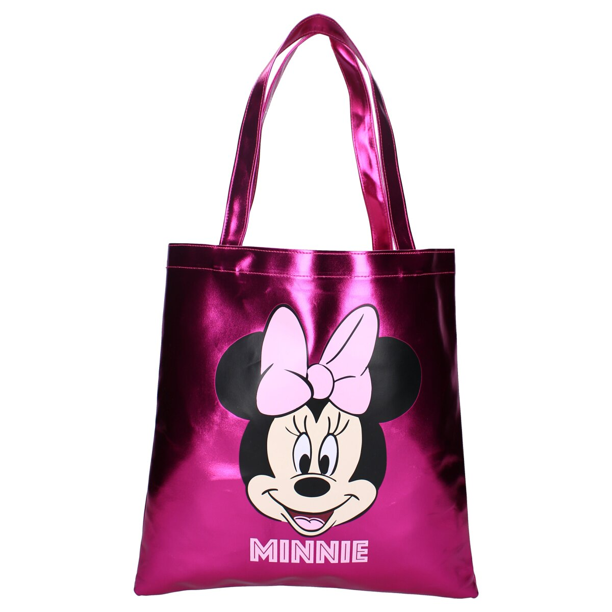 Roze tote tas met Minnie Mouse. Minnie's gezicht en strik. Metallic roze afwerking.
