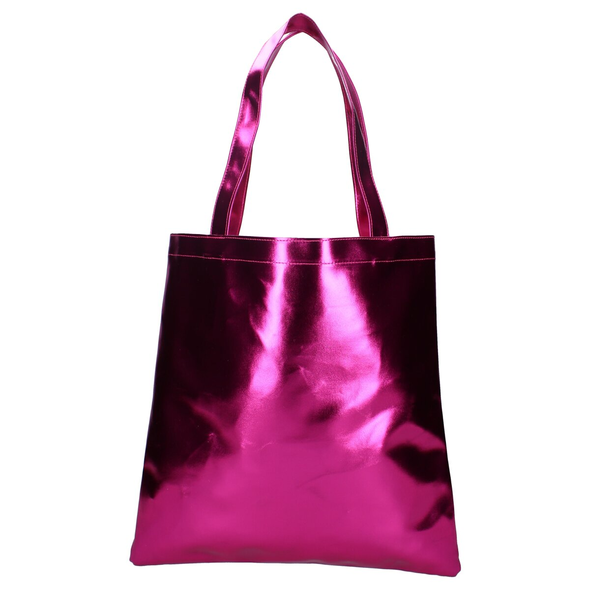 Roze, glanzende draagtas. Eenvoudig ontwerp met lange, roze handvatten. Reflecterend oppervlak.