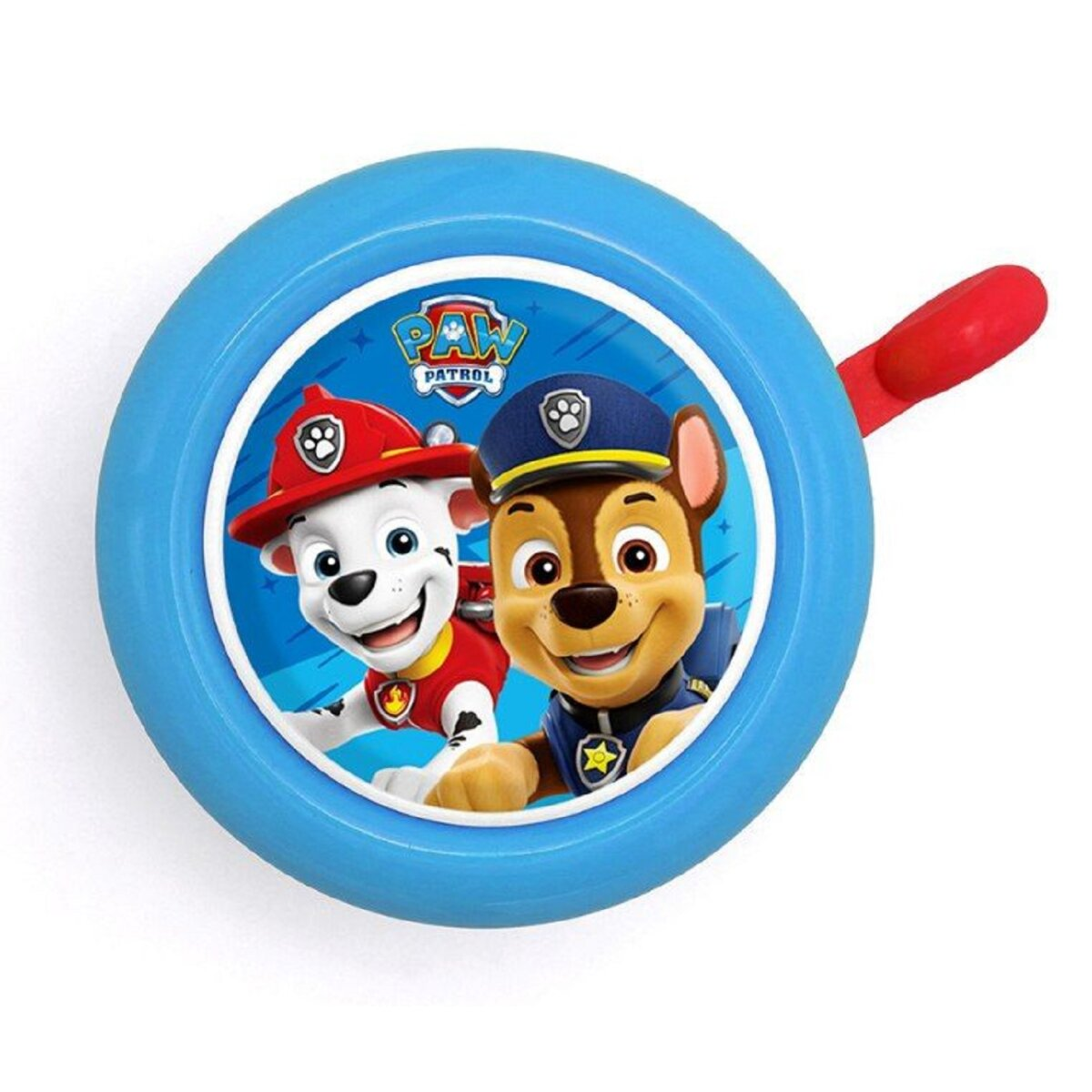 Blaue Paw Patrol-Glocke mit Marshall und Chase. Roter Griff. Weißer Hintergrund. Charaktere lächeln.