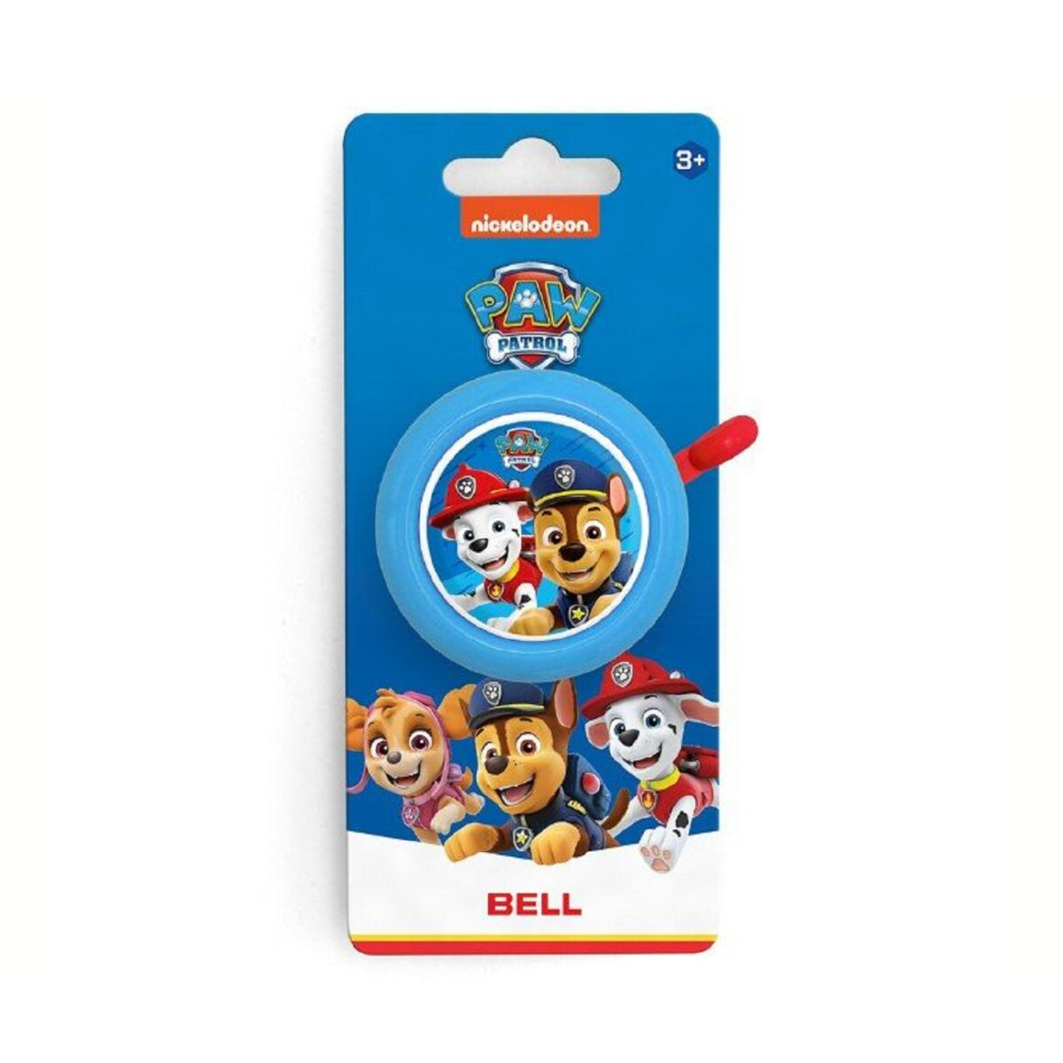 Eine blaue Paw Patrol-Glocke mit Zeichentrickfiguren auf der Vorderseite. Ein roter Hebel ist sichtbar.