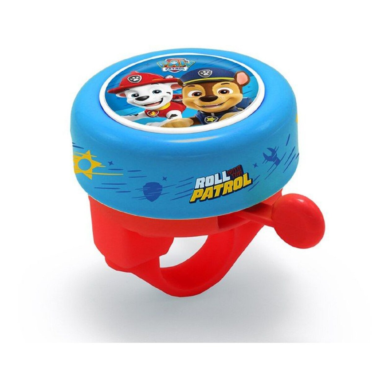 Blaue Glocke mit rotem Hebel. Sie hat ein Paw Patrol-Design mit Zeichentrickfiguren.