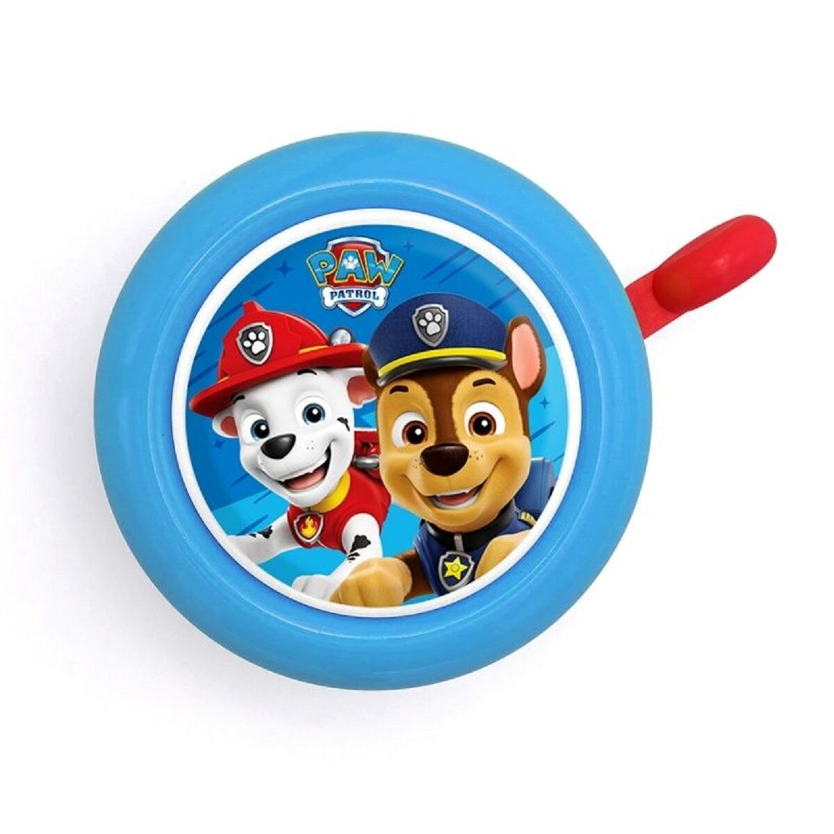 Blaue Glocke mit Paw Patrol-Charakteren. Die Glocke hat einen roten Hebel und den Text 'Roll Patrol'.