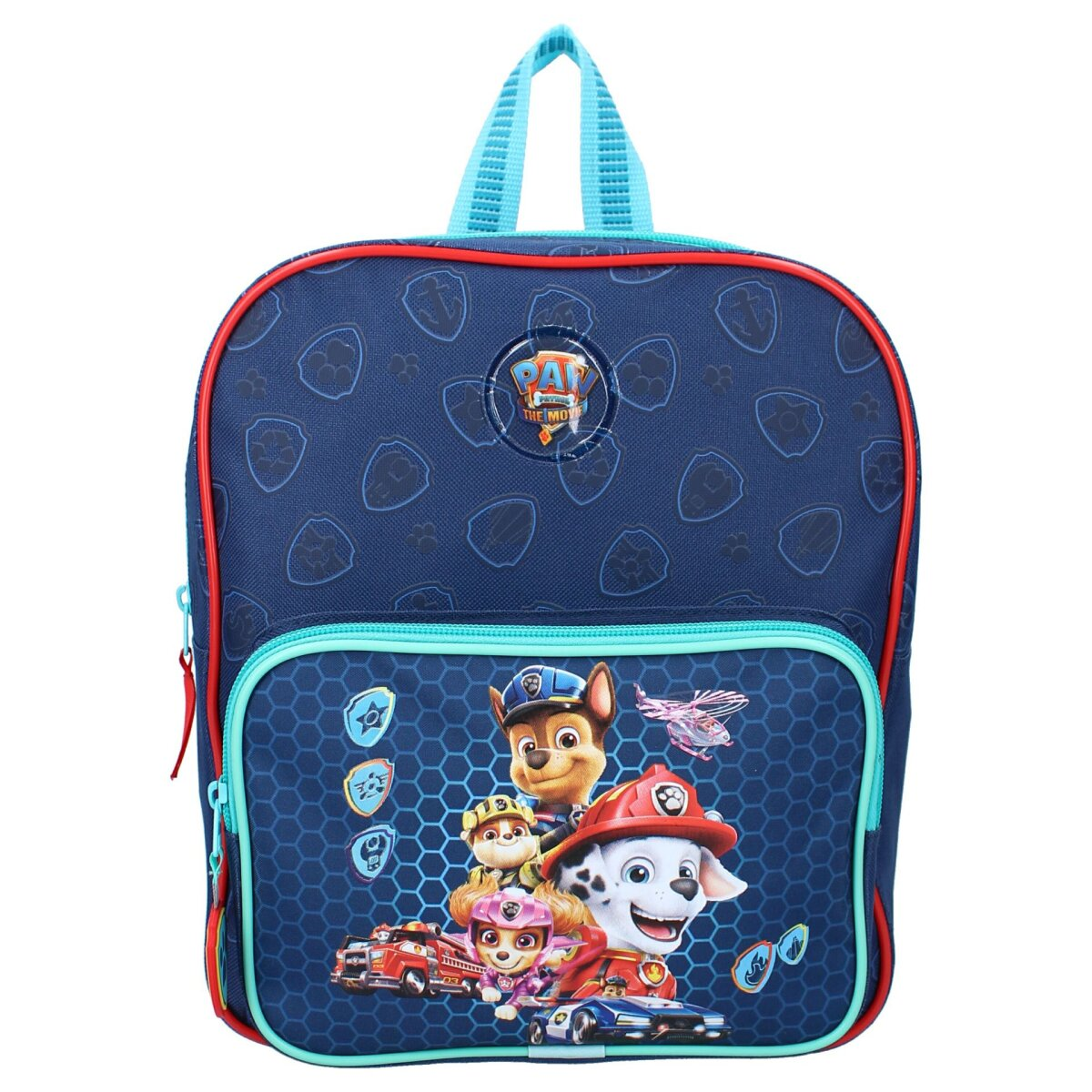 Blauer Paw Patrol-Rucksack mit Figuren und Fahrzeugen. Rote und blaue Akzente. Das Filmlogo ist auf der Tasche.