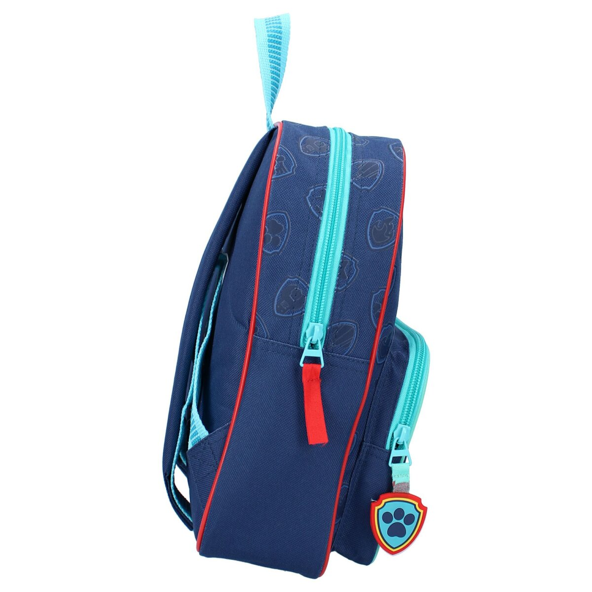 Ein marineblauer Rucksack mit hellblauem Reißverschluss und rotem Reißverschlussanhänger. Paw Patrol-Logo vorne.