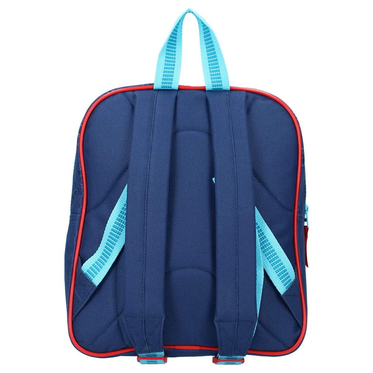 Blauer Paw Patrol-Rucksack mit roter Umrandung und blauen Trägern. Die Rückseite hat ein einfaches Design.