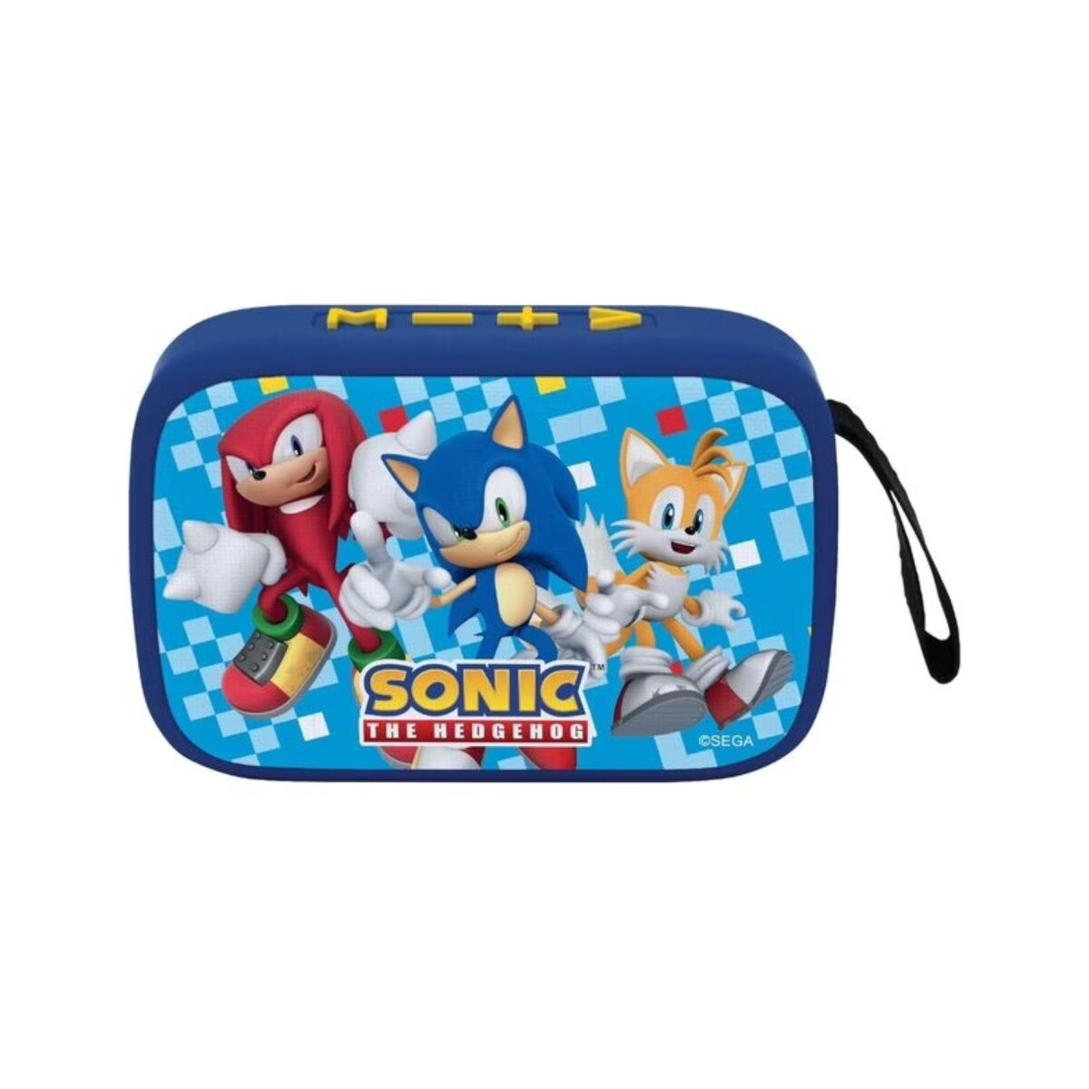 Radio blu di Sonic the Hedgehog con Knuckles, Sonic e Tails. Con pulsanti e una tracolla.
