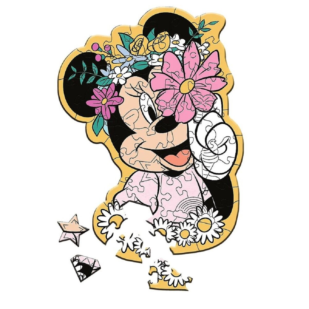 Un puzzle en bois Minnie Mouse avec des pièces manquantes. Minnie Mouse porte une couronne de fleurs et a une expression souriante.